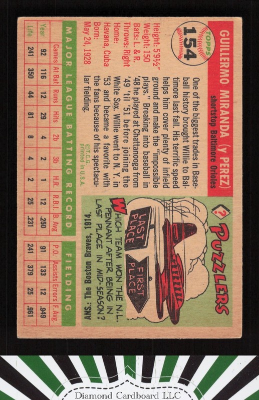 1955 Topps #154 Willie Miranda VG e, back