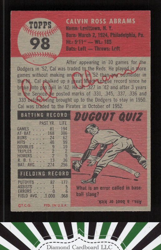 1953 Topps #98 Cal Abrams : Bio uses black text VGEX [GOOD EYE APPEAL] f, back