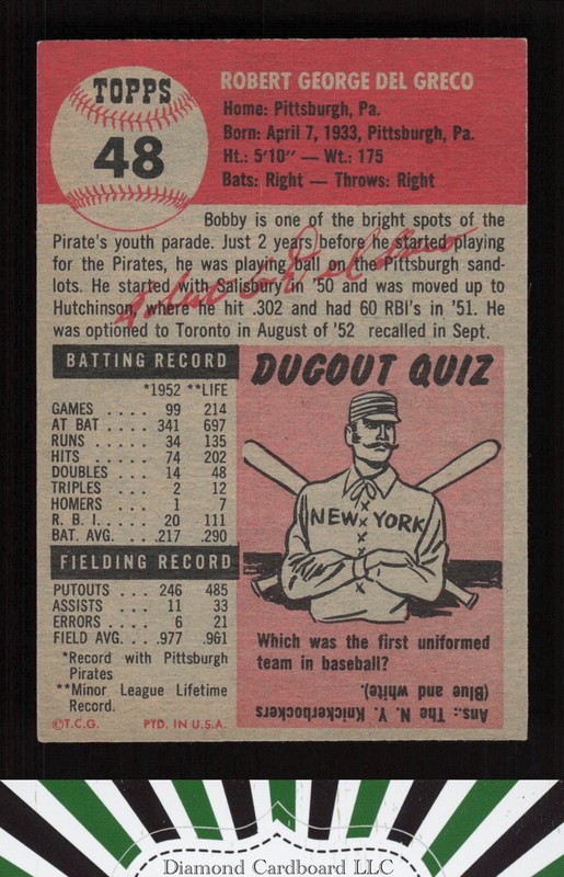 1953 Topps #48 Bob Del Greco EX j, back