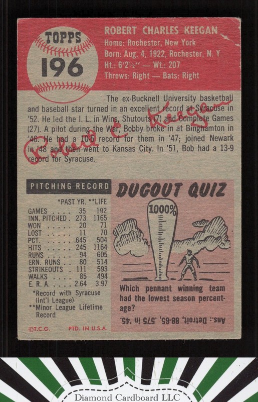 1953 Topps #196 Bob Keegan FR a, back