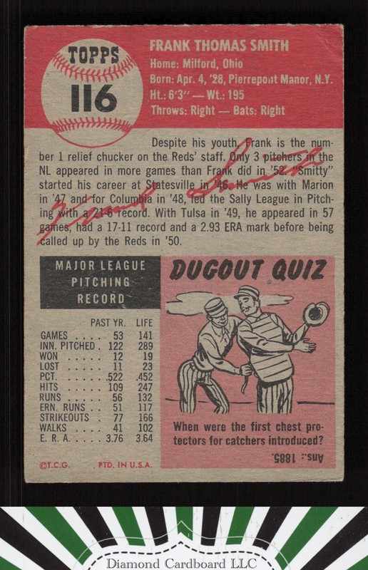 1953 Topps #116 Frank Smith : Bio uses white text GD+ d, back