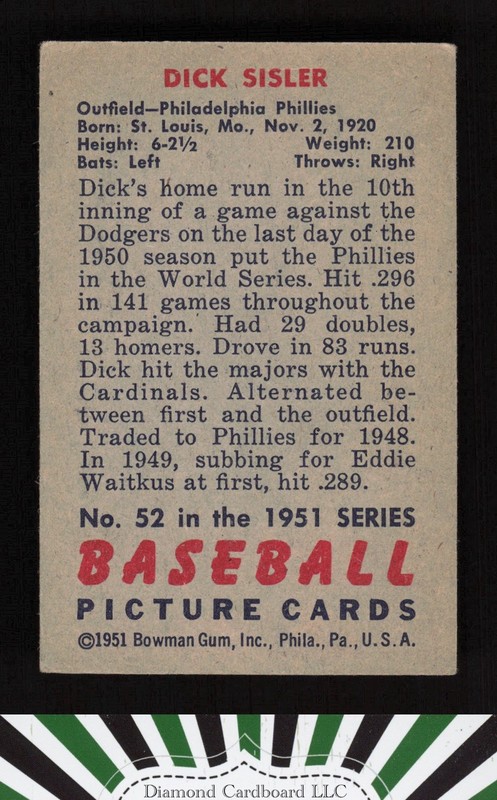1951 Bowman #52 Dick Sisler VGEX, back