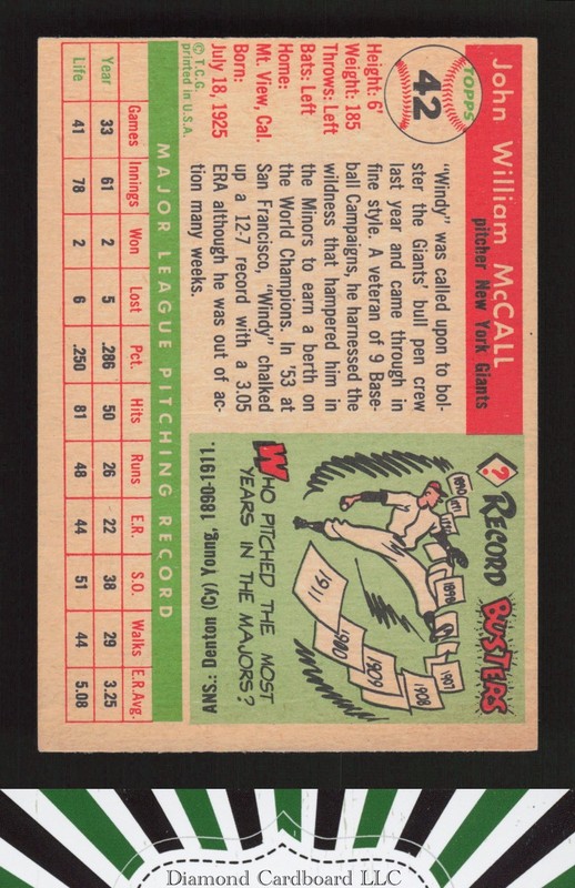 1955 Topps #42 Windy McCall VGEX+ j, back