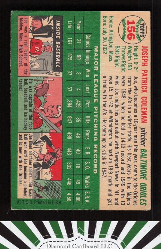 1954 Topps #156 Joe Coleman VG f, back