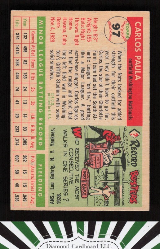 1955 Topps #97 Carlos Paula VG e, back