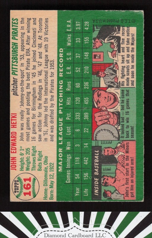 1954 Topps #161 John Hetki VGEX f, back