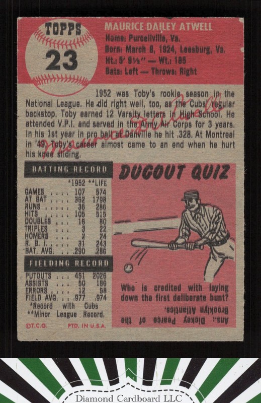 1953 Topps #23 Toby Atwell VGEX c, back