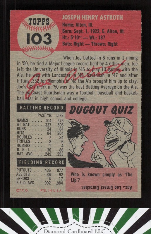 1953 Topps #103 Joe Astroth : Bio uses white text EX+ i, back