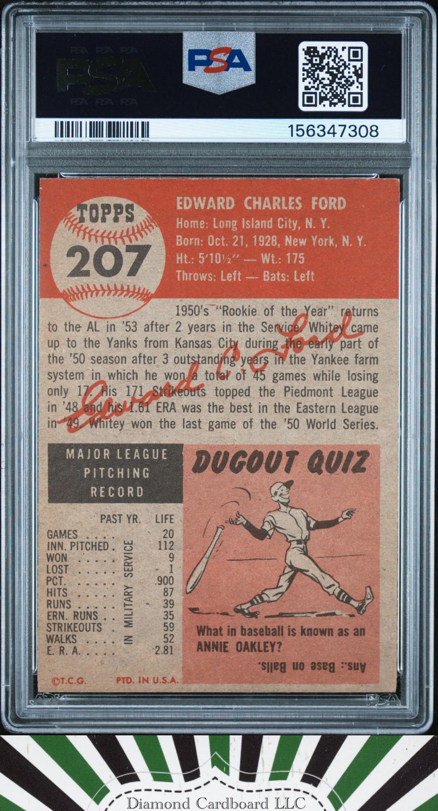 1953 Topps #207 Whitey Ford PSA 4 [CENTERED], back