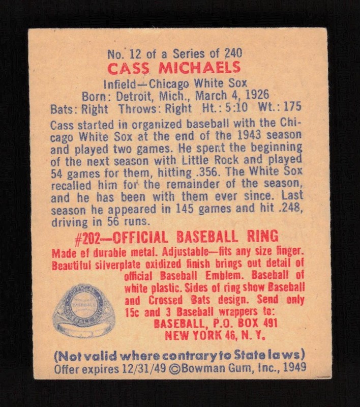 1949 Bowman #12 Cass Michaels EX, back