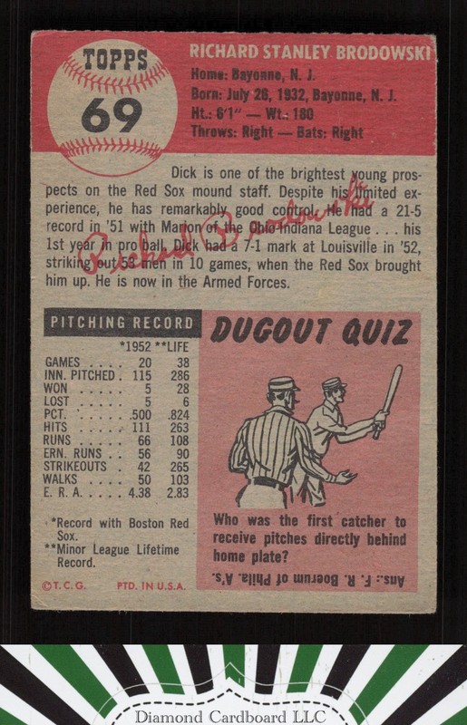 1953 Topps #69 Dick Brodowski VG+ c, back
