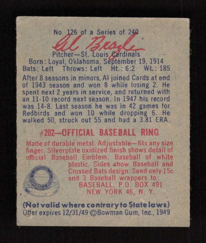 1949 Bowman #126 Al Brazle Script Name VG+, back