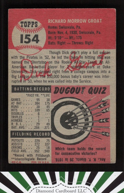 1953 Topps #154 Dick Groat : Bio uses black text GD e, back