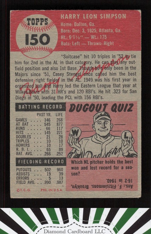 1953 Topps #150 Harry Simpson : Bio uses white text GD c, back