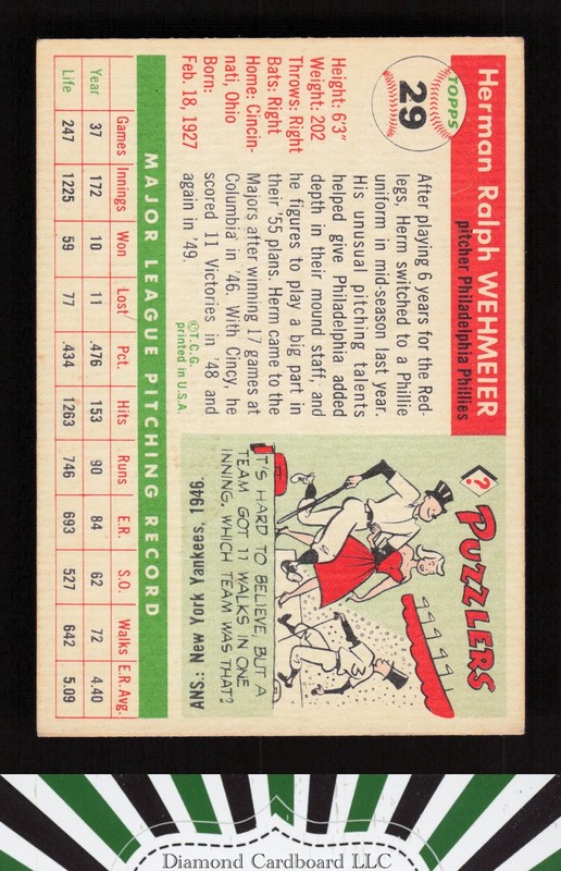 1955 Topps #29 Herman Wehmeier VGEX g, back