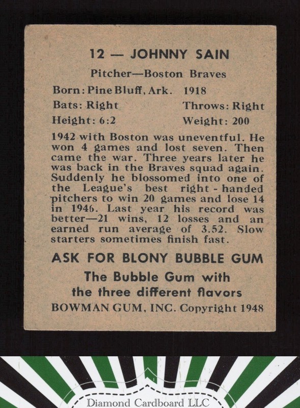 1948 Bowman #12 Johnny Sain EX (MK) a, back