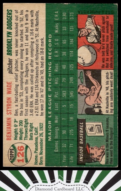 1954 Topps #126 Ben Wade VGEX c, back