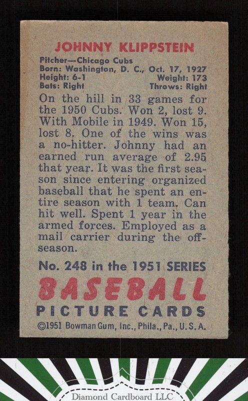 1951 Bowman #248 Johnny Klippstein VGEX, back