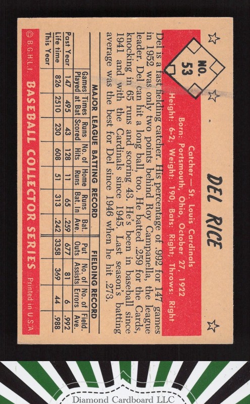 1953 Bowman Color #53 Del Rice EX c, back