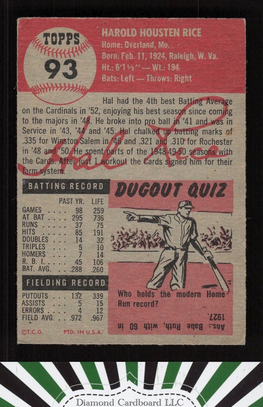 1953 Topps #93 Hal Rice : Bio uses white text GD+ b, back