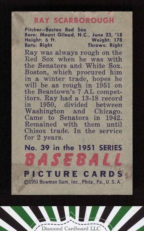 1951 Bowman #39 Ray Scarborough EX, back