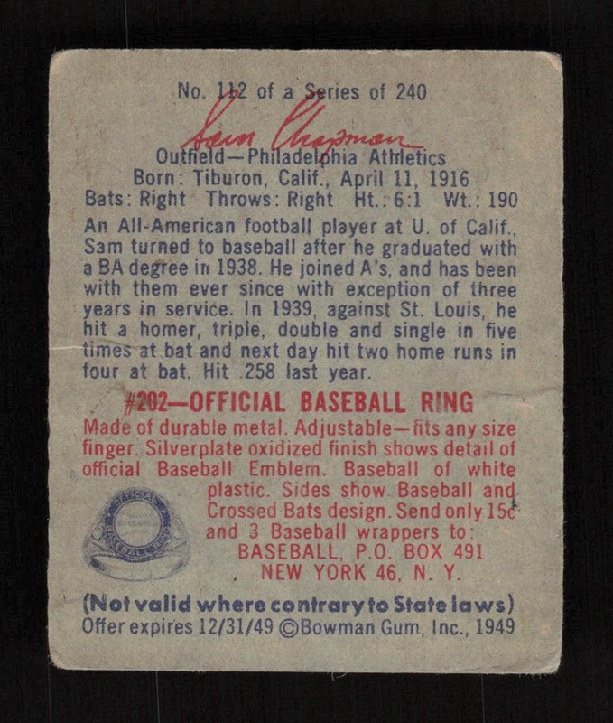 1949 Bowman #112 Sam Chapman GD+, back