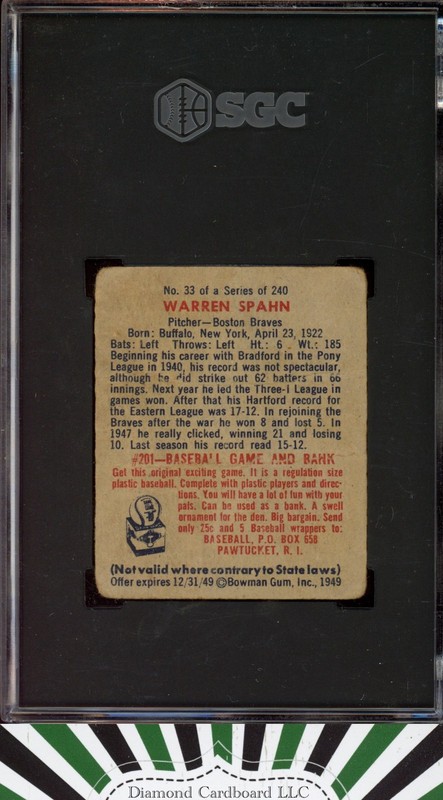 1949 Bowman #33 Warren Spahn SGC 1, back