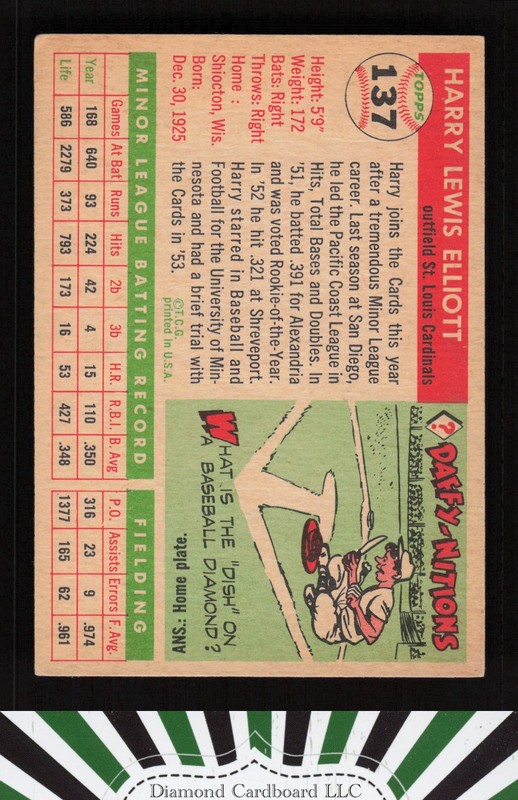 1955 Topps #137 Harry Elliott VGEX d, back