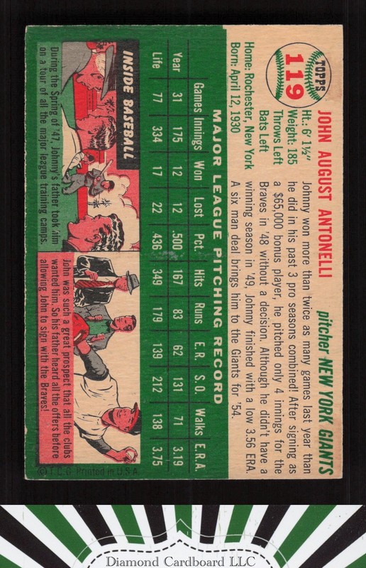 1954 Topps #119 Johnny Antonelli NMMT (ST) m, back