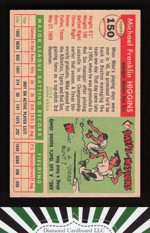 1955 Topps #150 Mike Higgins EX i, back