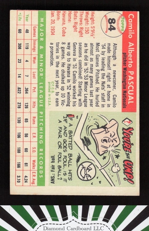 1955 Topps #84 Camilo Pascual EXMT (MC) b, back