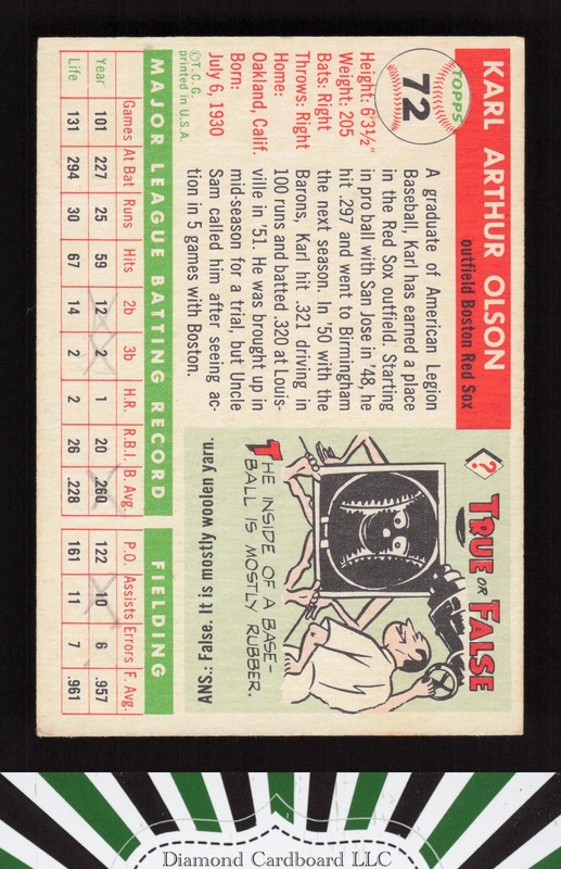 1955 Topps #72 Karl Olson VG+ r, back