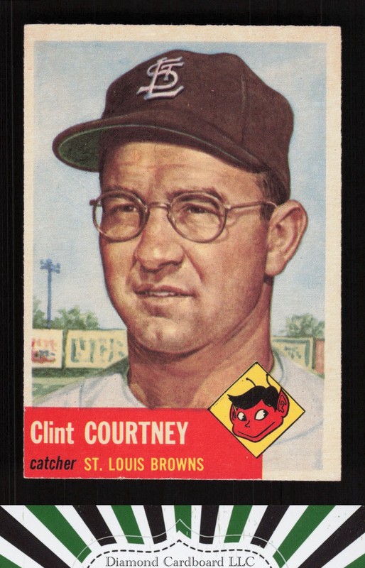 1953 Topps #127 Clint Courtney : Bio uses white text EXMT h, front