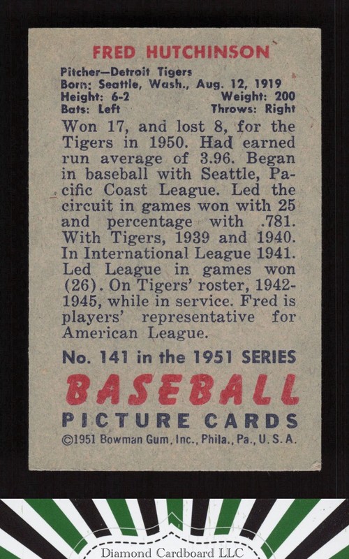 1951 Bowman #141 Fred Hutchinson VGEX, back