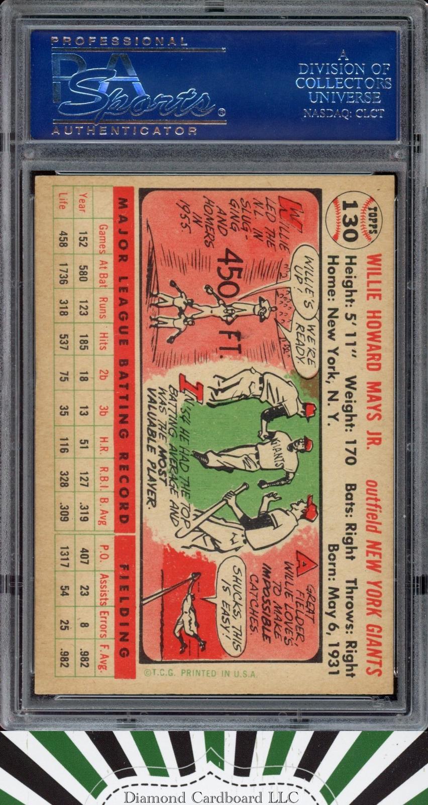 1956 Topps #130 Willie Mays PSA 6 [Rare White Back], back