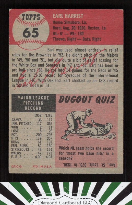 1953 Topps #65 Earl Harrist VGEX d, back