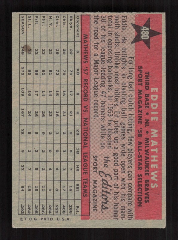 1958 Topps #480 Eddie Mathews VGEX g, back