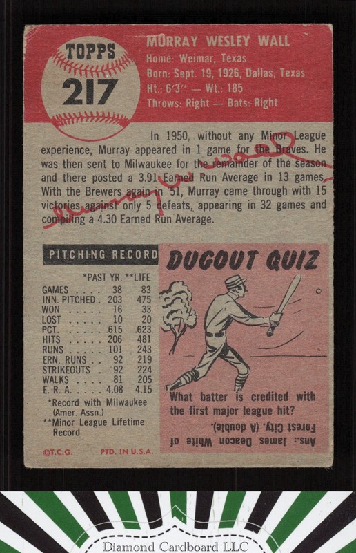 1953 Topps #217 Murray Wall FR a, back
