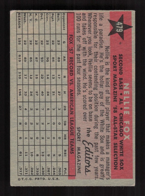 1958 Topps #479 Nellie Fox VG+ n, back