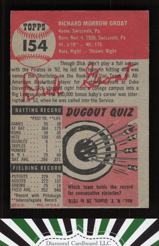 1953 Topps #154 Dick Groat : Bio uses white text PR b, back