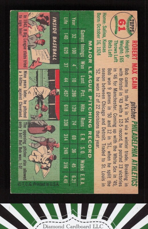 1954 Topps #61 Bob Cain EX d, back