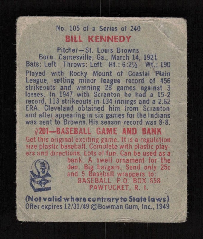 1949 Bowman #105 Bill Kennedy FR, back