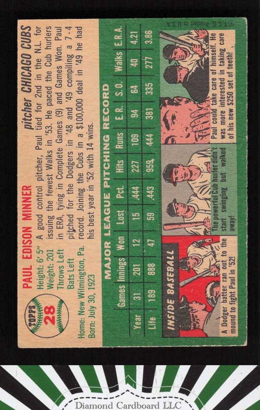 1954 Topps #28 Paul Minner VGEX+ e, back