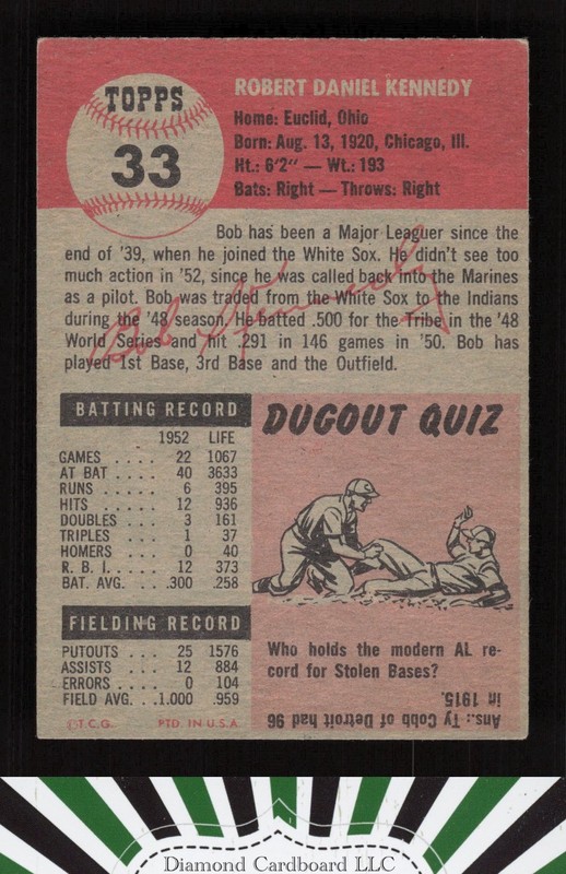 1953 Topps #33 Bob Kennedy EX g, back