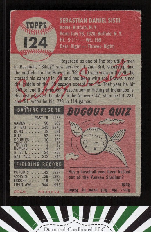 1953 Topps #124 Sibby Sisti : Bio uses white text VGEX d, back