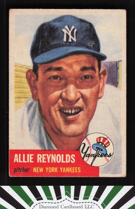 1953 Topps #141 Allie Reynolds : Bio uses white text GD b, front