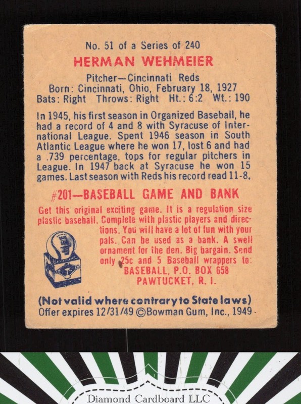 1949 Bowman #51 Herman Wehmeier GD b, back