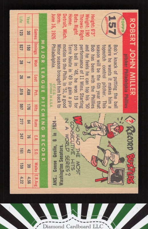 1955 Topps #157 Bob Miller EX+ e, back