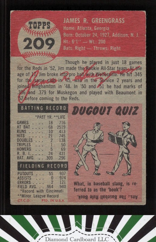 1953 Topps #209 Jim Greengrass GD c, back