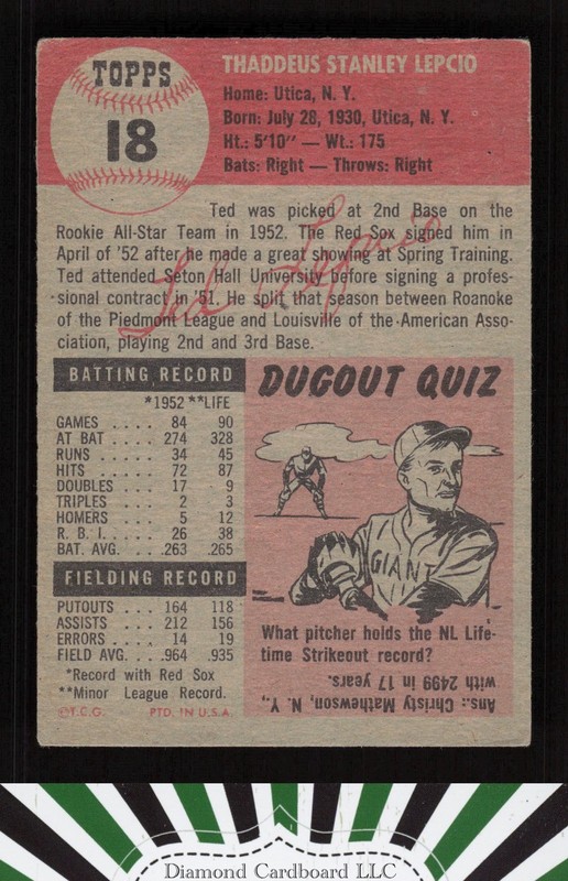 1953 Topps #18 Ted Lepcio VG c, back
